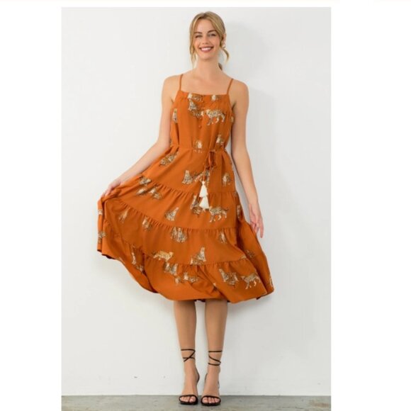 THML Selina Cheetah Print Tiered Dress, Rust Orange | Size Medium - Picture 4 of 11